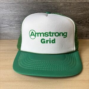 Vintage Armstrong Grid Hat Cap Snap Back Green White Mesh Trucker Promo Mens 80s